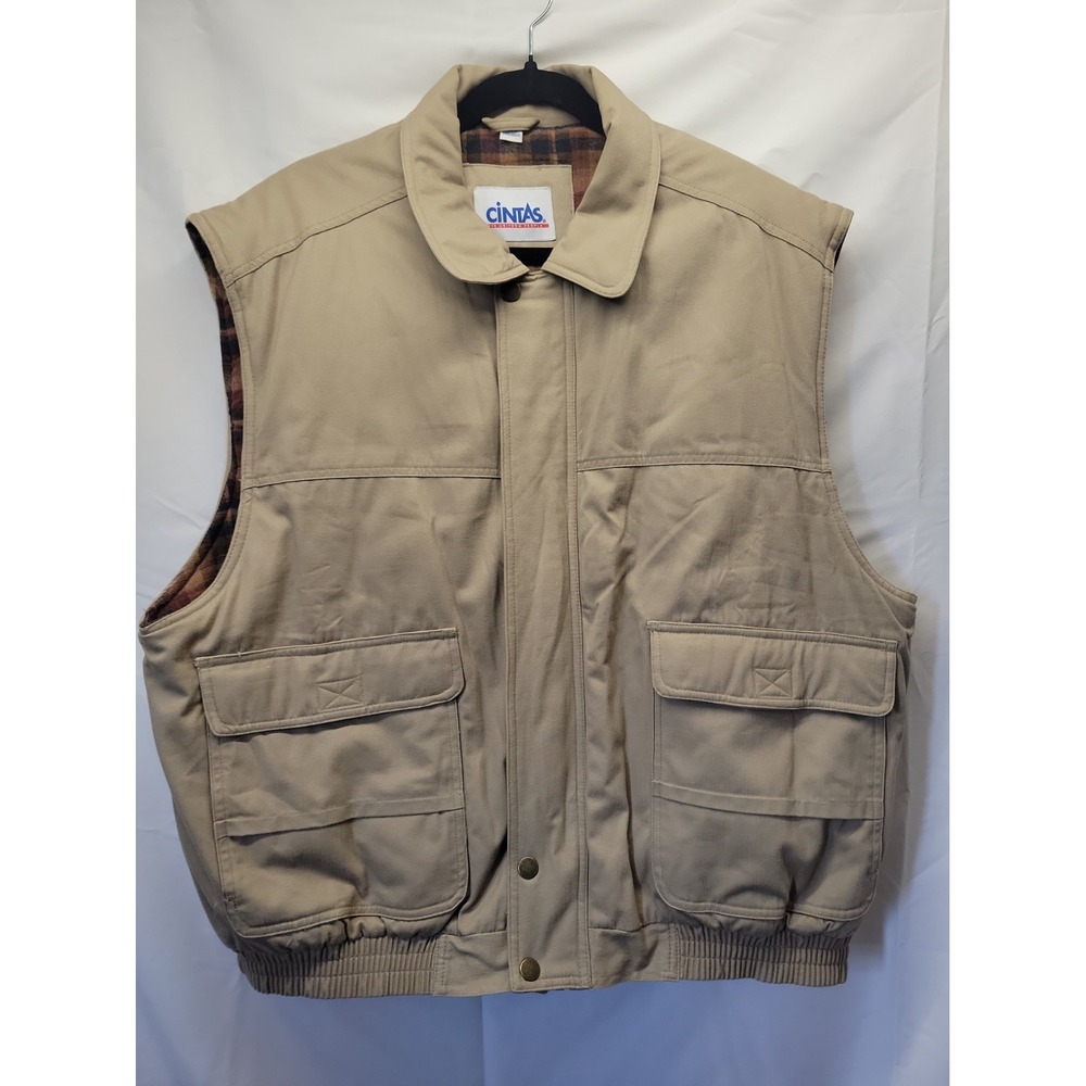 Cintas Vest Mens Sz L Tan Fleese Lined Insulated Full Zip Sleeveless Workwear